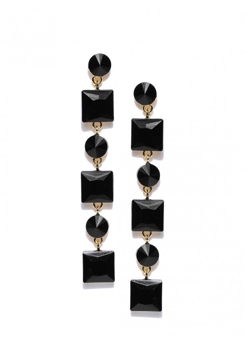 Jewels Galaxy Black Gold-Plated Stone-Studded Geometric Drop Earrings  9837