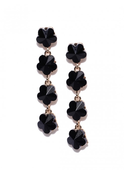 Jewels Galaxy Black Gold-Plated Stone-Studded Floral Drop Earrings  9841