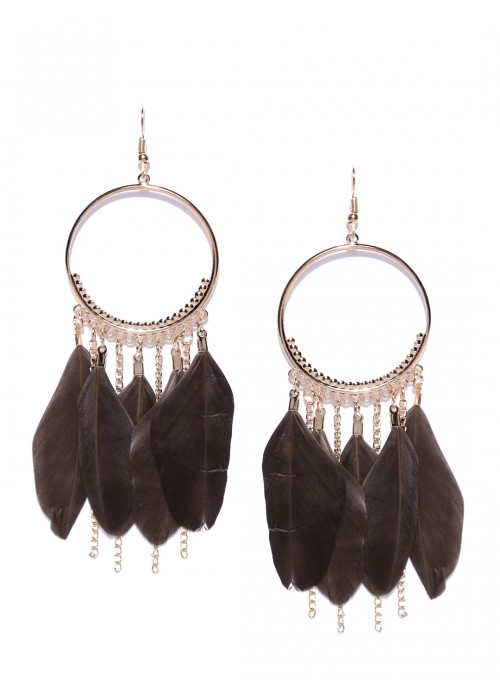 Jewels Galaxy Brown Gold-Plated Feather Shaped Drop Earrings  9851