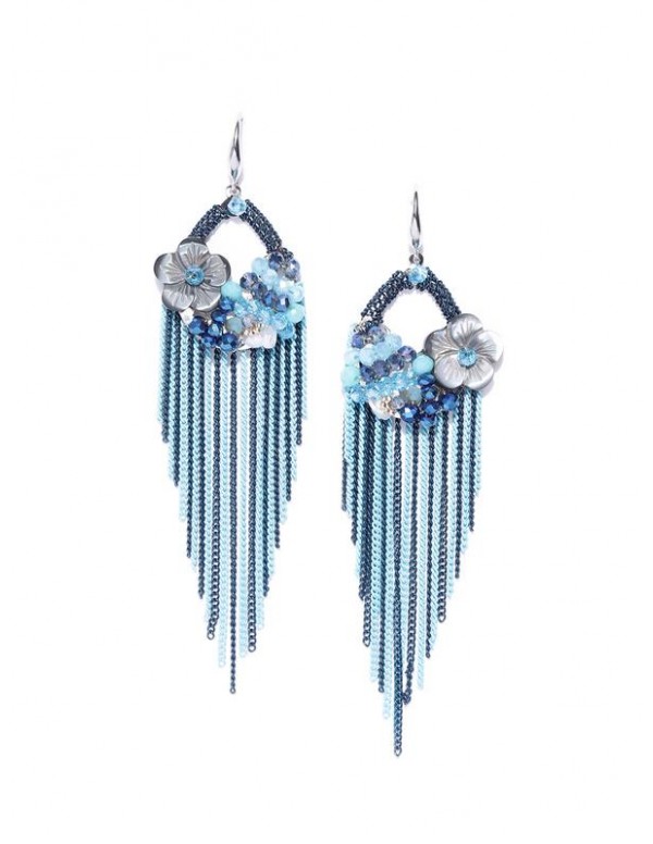 Blue Silver-Plated Beaded Tasseled Handcrafted Drop Earrings 35139