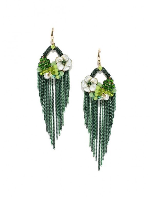 Green Gold-Plated Floral Handcrafted Drop Earrings 35140