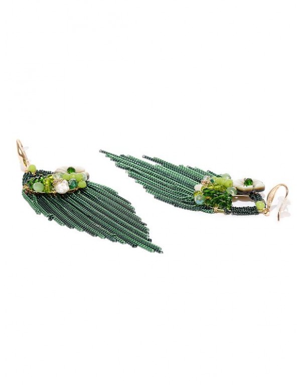 Green Gold-Plated Floral Handcrafted Drop Earrings 35140