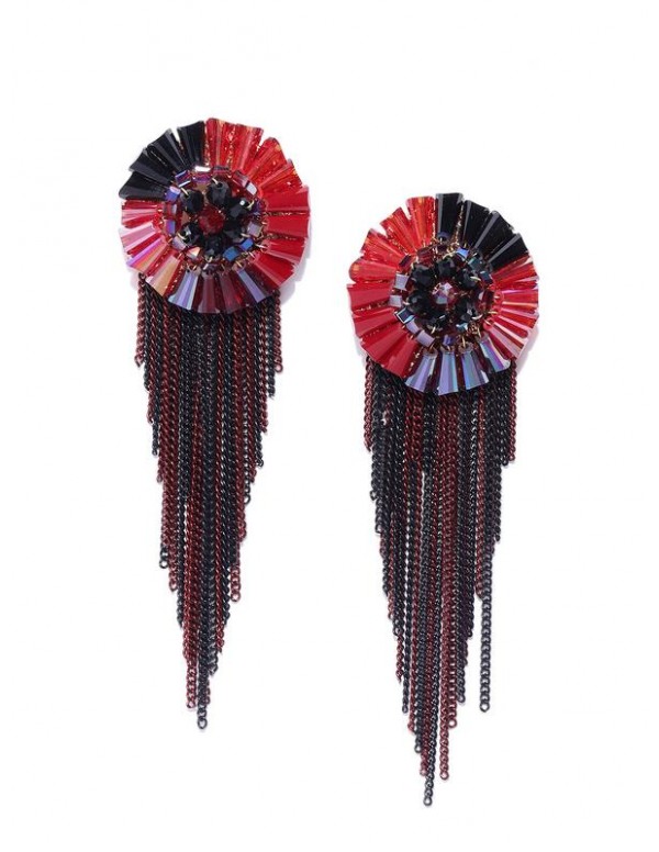 Red & Black Gold-Plated Handcrafted Tasseled Circular Drop Earrings 35142