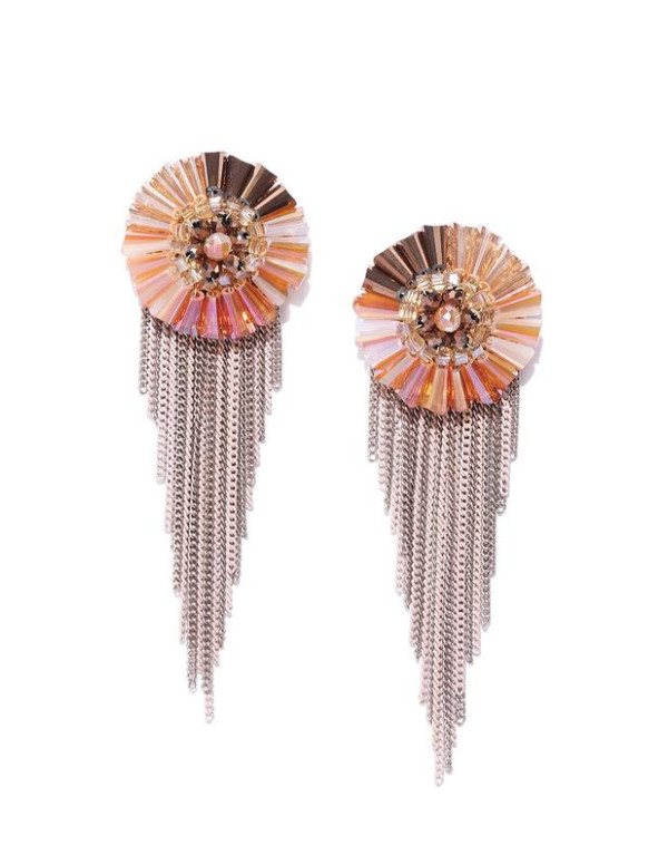 Orange & Beige Gold-Plated Beaded Tasseled Handcrafted Drop Earrings 35144