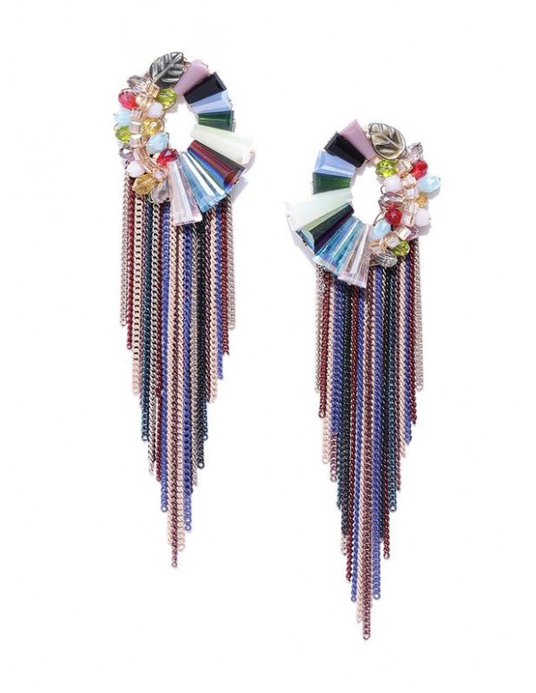 Multicoloured Gold-Plated Handcrafted Tasseled Contemporary Drop Earrings 35152