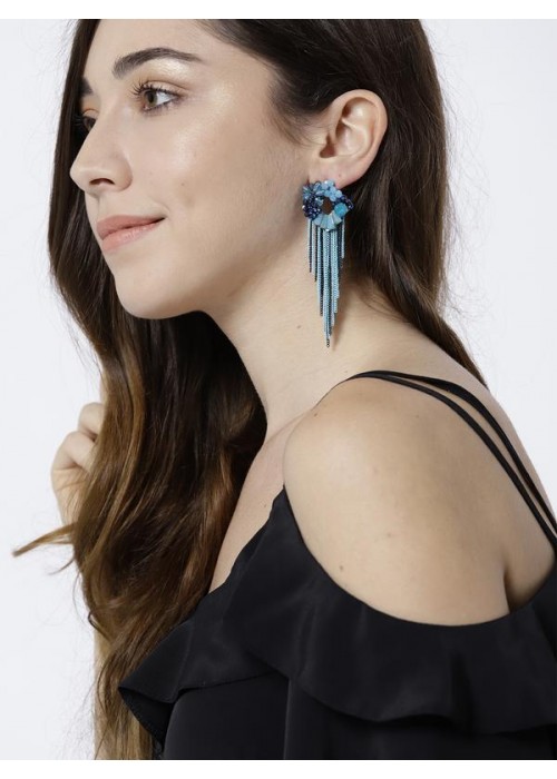 Blue Silver-Plated Handcrafted Tasseled Contemporary Drop Earrings 35161