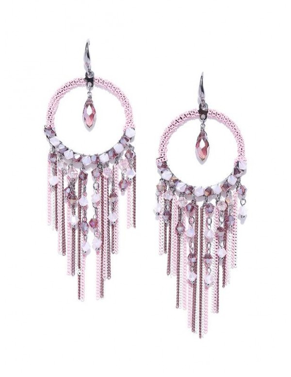 Pink Silver-Plated Circular Handcrafted Drop Earrings 35162