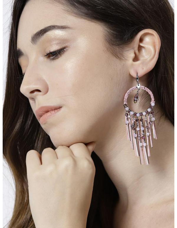 Pink Silver-Plated Circular Handcrafted Drop Earri...