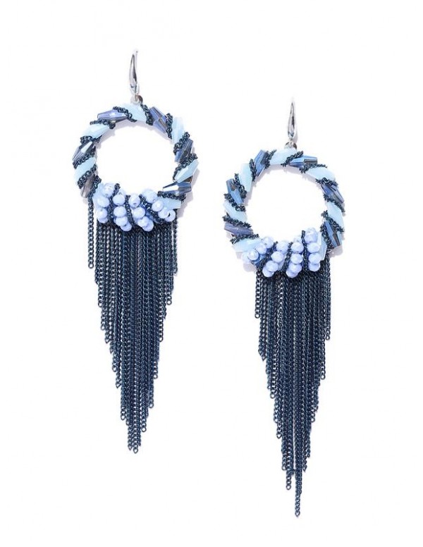 Teal Blue Silver-Plated Circular Tasseled Handcrafted Drop Earrings 35172