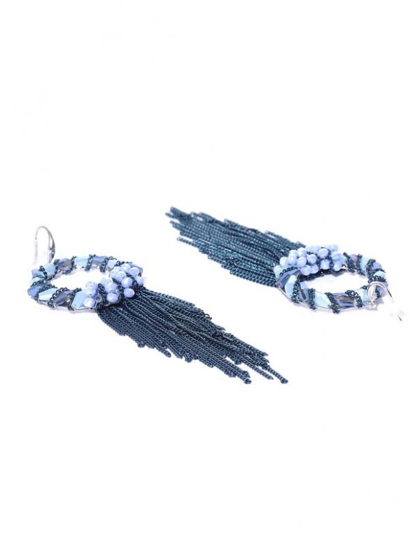 Teal Blue Silver-Plated Circular Tasseled Handcrafted Drop Earrings 35172