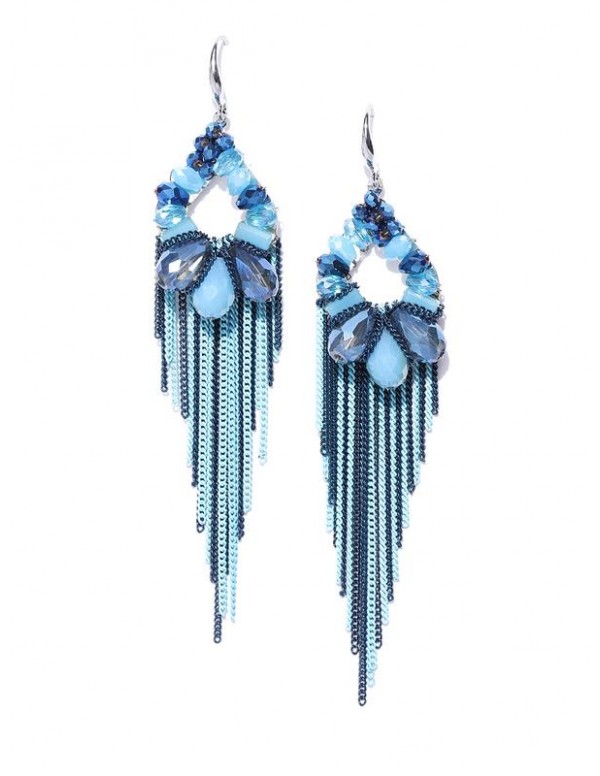 Blue Silver-Plated Beaded Tasseled Handcrafted Dro...