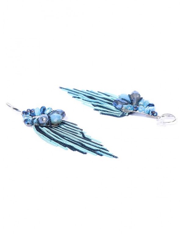 Blue Silver-Plated Beaded Tasseled Handcrafted Drop Earrings 35174