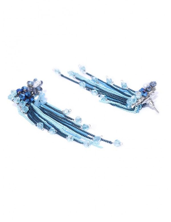 Blue Silver-Plated Tasseled Contemporary Drop Earrings 35176
