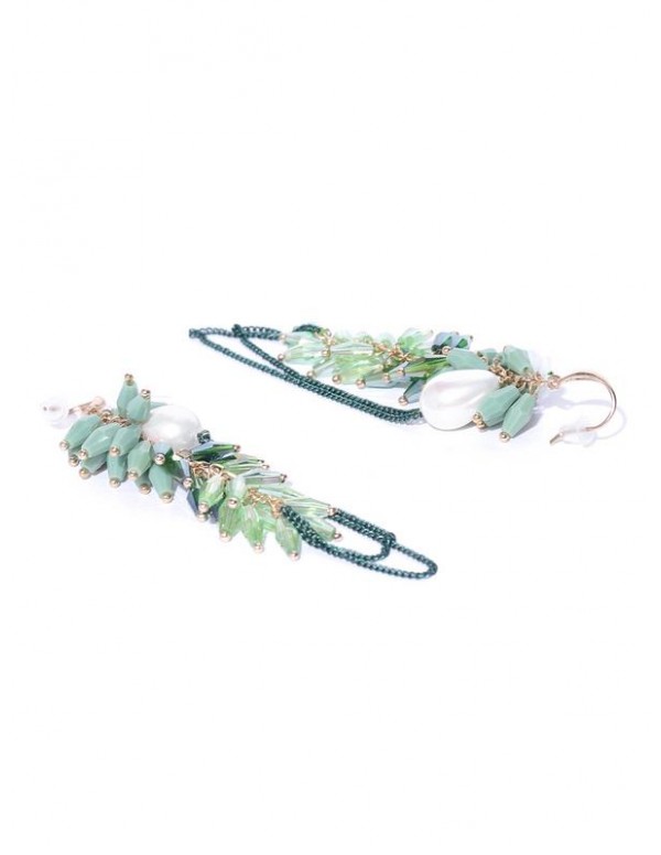 Green & Off-White Gold-Plated Handcrafted Contemporary Drop Earrings 35177