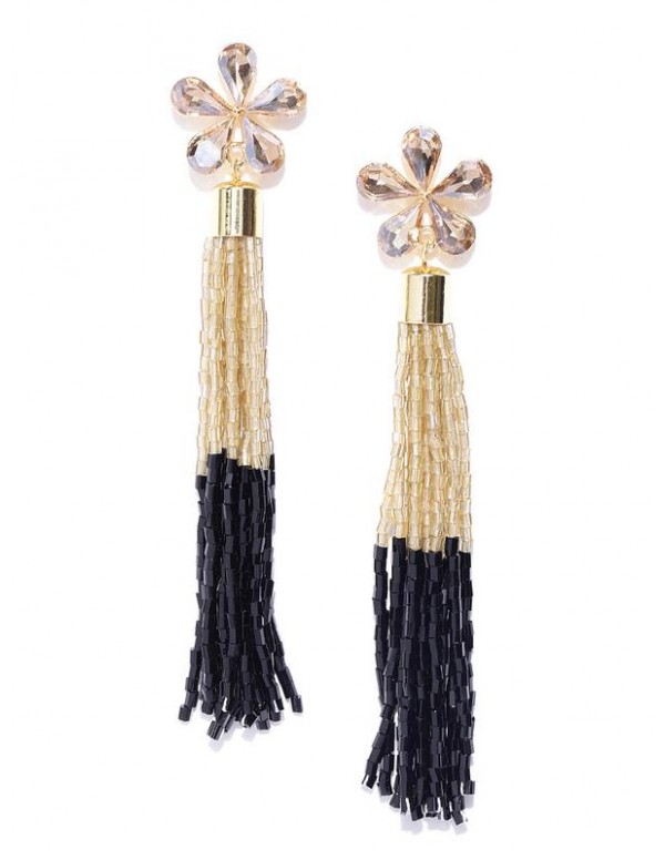 Black Gold-Plated Handcrafted Tasseled Floral Drop Earrings 35197