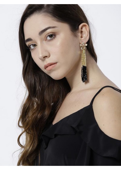 Black Gold-Plated Handcrafted Tasseled Floral Drop Earrings 35197
