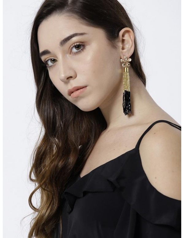 Black Gold-Plated Handcrafted Tasseled Floral Drop...