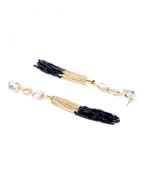 Black Gold-Plated Stone-Studded Handcrafted Tasseled Drop Earrings 35204