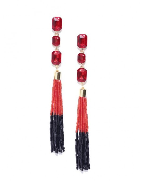 Red & Black Gold-Plated Handcrafted Tasseled Contemporary Drop Earrings 35205