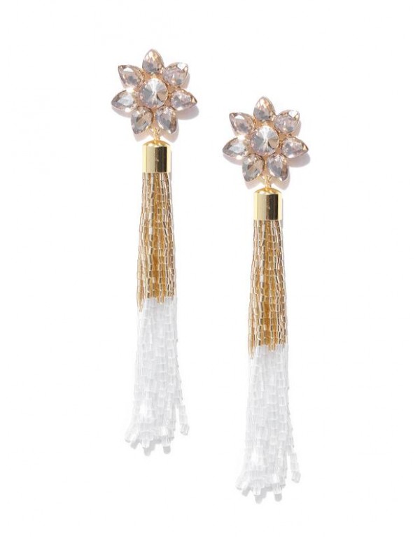 White Gold-Plated Handcrafted Tasseled Floral Drop Earrings 35214