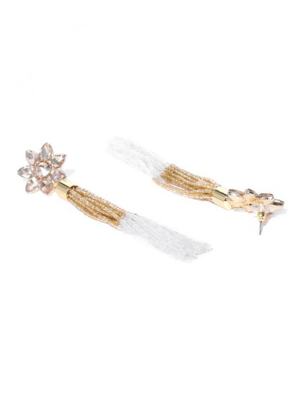 White Gold-Plated Handcrafted Tasseled Floral Drop Earrings 35214