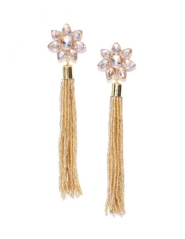 Gold-Plated Stone-Studded Handcrafted Tasseled Floral Drop Earrings 35215