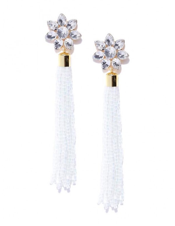 White Gold-Plated Stone-Studded Handcrafted Tasseled Floral Drop Earrings 35216
