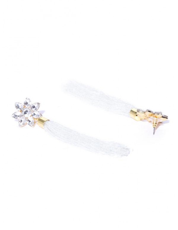 White Gold-Plated Stone-Studded Handcrafted Tasseled Floral Drop Earrings 35216