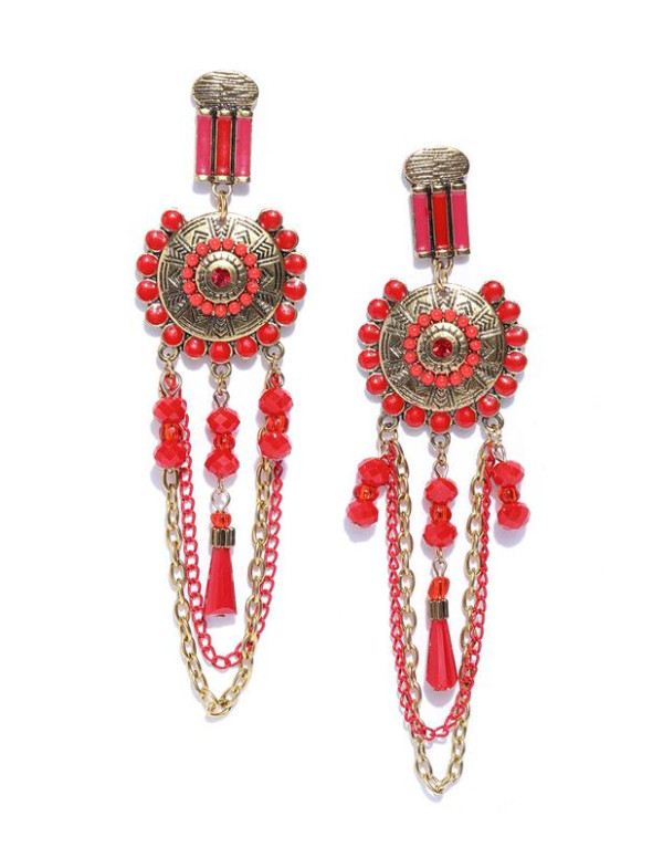 Red Antique Gold-Plated Beaded Handcrafted Drop Earrings 35223