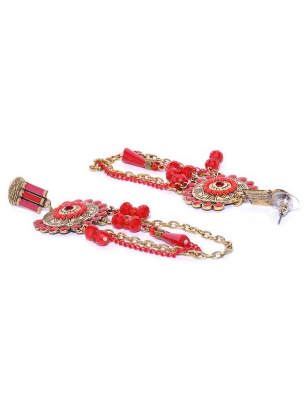 Red Antique Gold-Plated Beaded Handcrafted Drop Earrings 35223