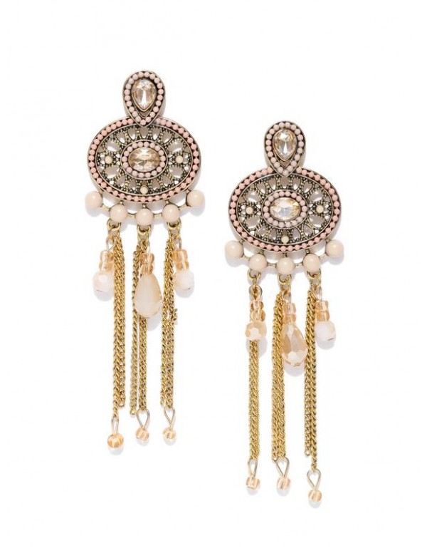 Peach-Coloured Antique Gold-Plated Beaded Handcrafted Drop Earrings
 35227