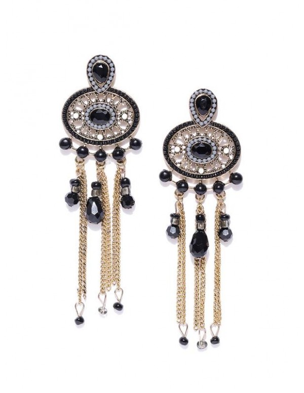 Black Antique Gold-Plated Beaded Handcrafted Contemporary Drop Earrings 35228