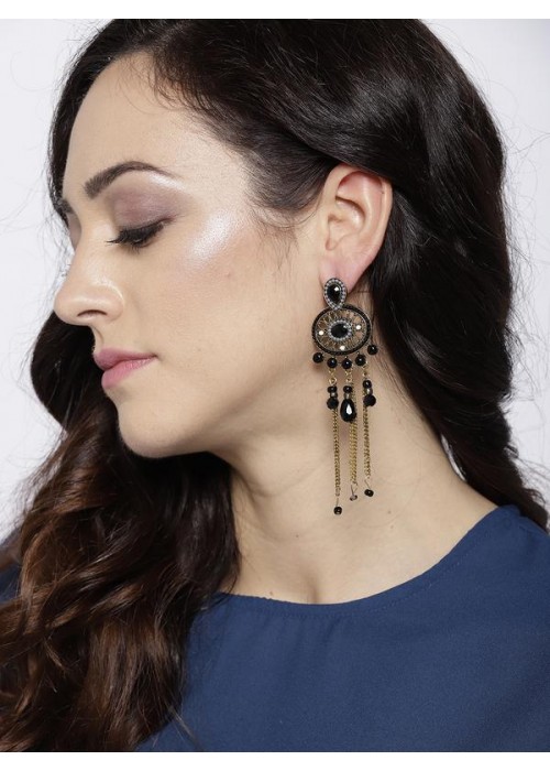 Black Antique Gold-Plated Beaded Handcrafted Contemporary Drop Earrings 35228