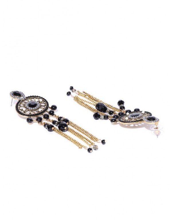 Black Antique Gold-Plated Beaded Handcrafted Contemporary Drop Earrings 35228