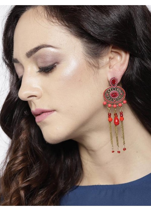 Red Gold-Plated Handcrafted Oval Drop Earrings
 35229