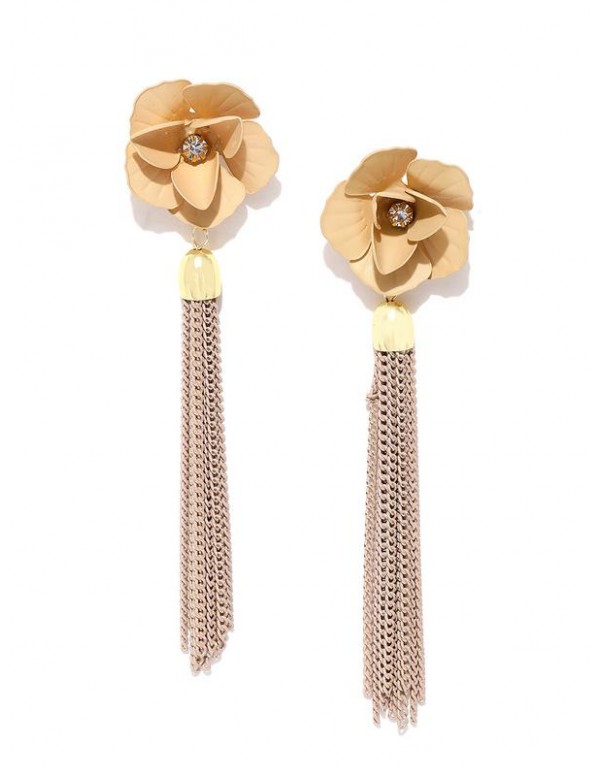Beige Gold-Plated Handcrafted Tasseled Floral Drop...