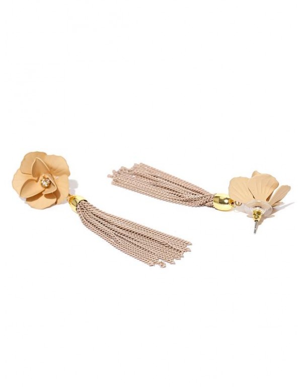 Beige Gold-Plated Handcrafted Tasseled Floral Drop Earrings
 35235