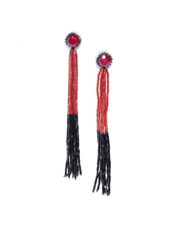Red & Black Beaded Tasseled Handcrafted Drop Earrings
 35242