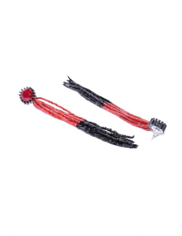 Red & Black Beaded Tasseled Handcrafted Drop Earrings
 35242