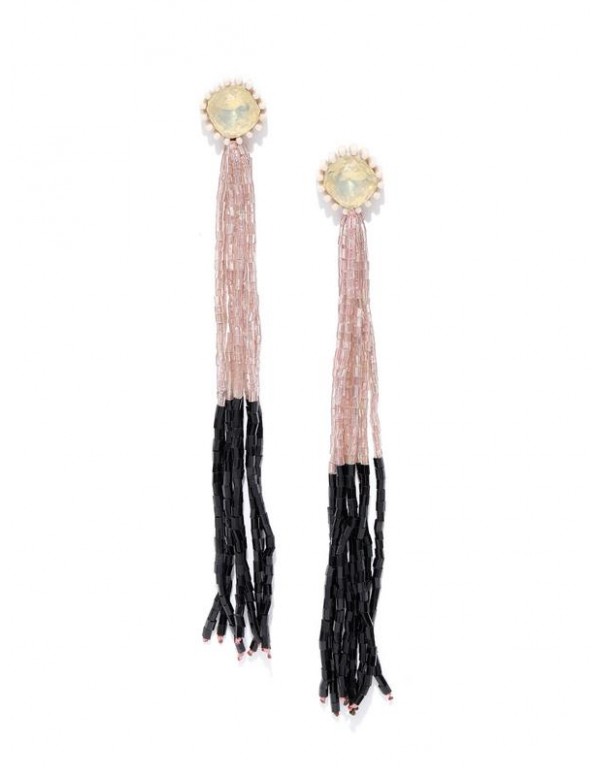 Beige & Black Handcrafted Tasseled Contemporary Drop Earrings
 35244