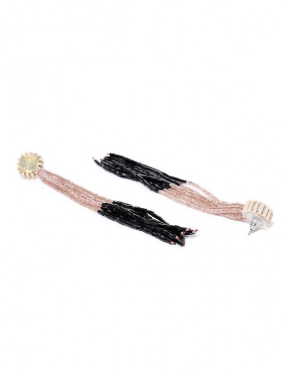 Beige & Black Handcrafted Tasseled Contemporary Drop Earrings
 35244