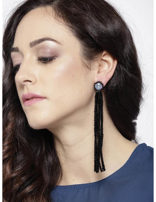 Black Handcrafted Tasseled Contemporary Drop Earri...