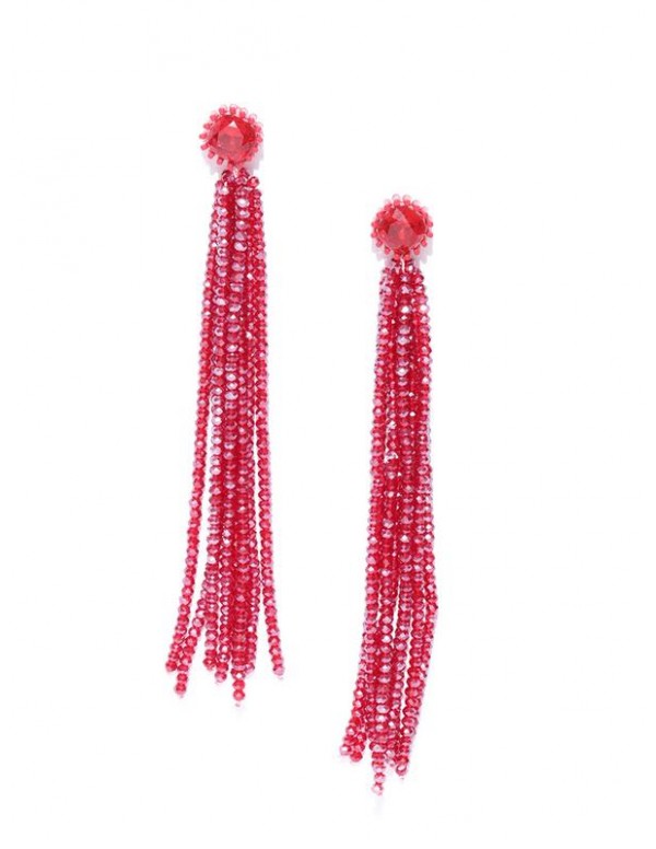 Red Beaded & Tasseled Handcrafted Contemporary Drop Earrings
 35247