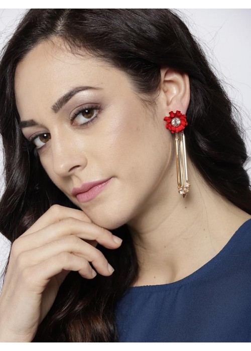 Red Gold-Plated Stone-Studded Handcrafted Floral Drop Earrings
 35248