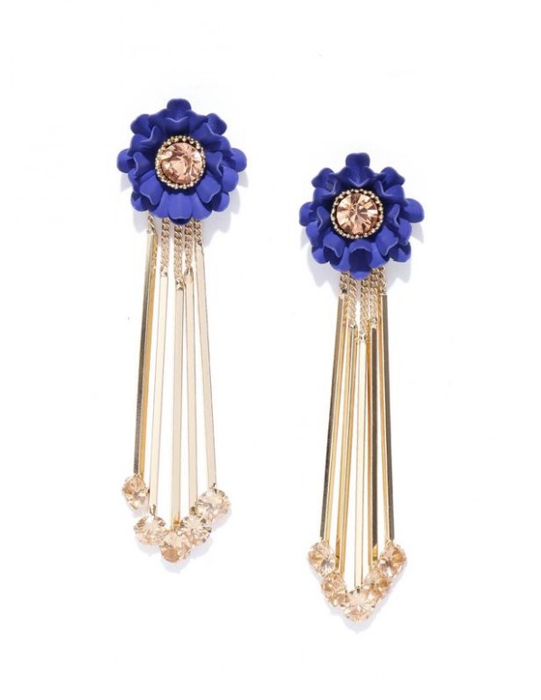 Navy Blue Gold-Plated Handcrafted Floral Drop Earrings
 35249