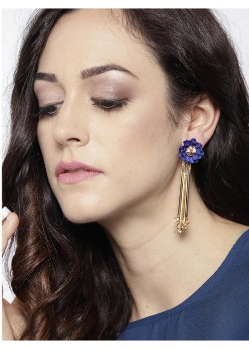Navy Blue Gold-Plated Handcrafted Floral Drop Earrings
 35249