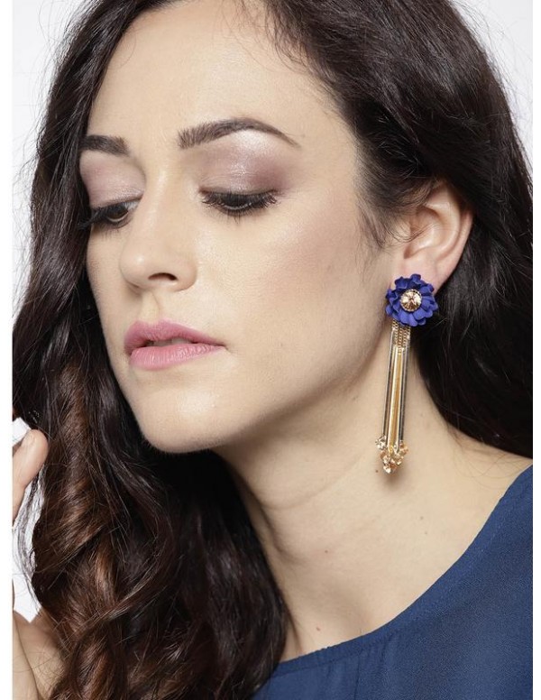 Navy Blue Gold-Plated Handcrafted Floral Drop Earr...