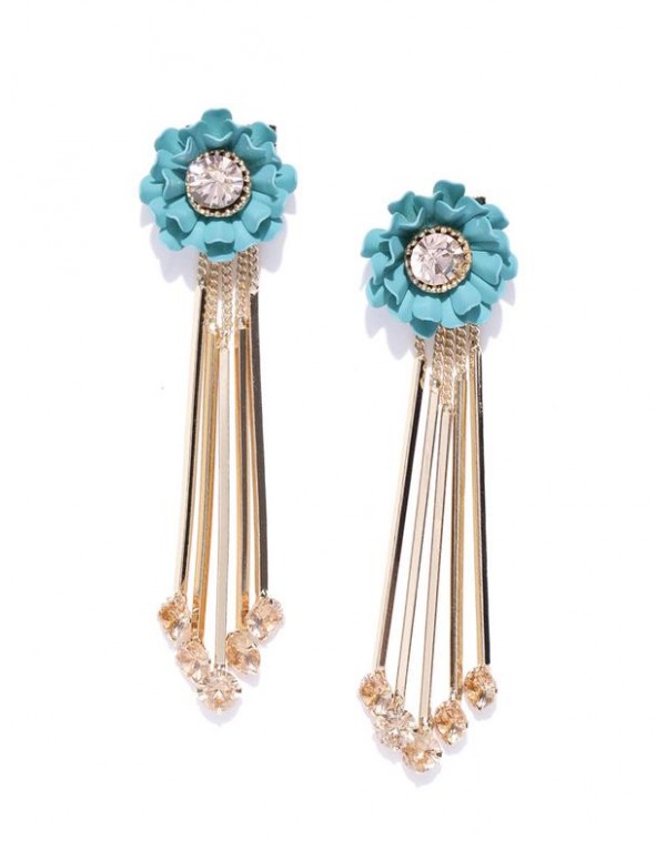 Turquoise Blue Gold-Plated Handcrafted Floral Drop Earrings
 35252