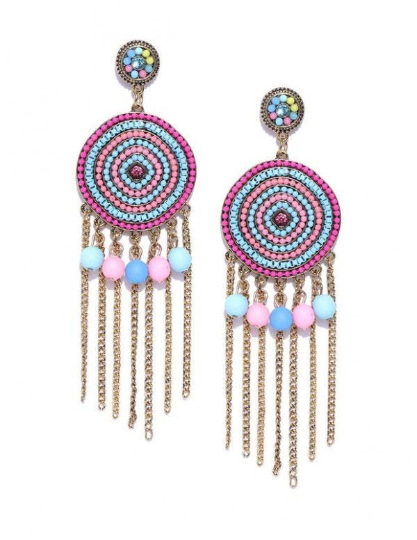 Pink & Blue Gold-Plated Beaded Handcrafted Circular Drop Earrings
 35262