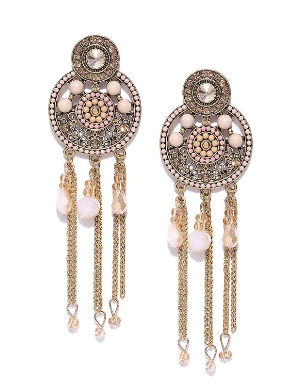 Peach-Coloured Antique Gold-Plated Beaded Handcrafted Circular Drop Earrings
 35269